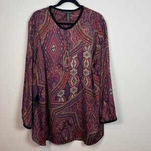 Lauren Ralph Lauren Womens Purple Floral Velvet‎ Trim Button Boho Satin Top 2X